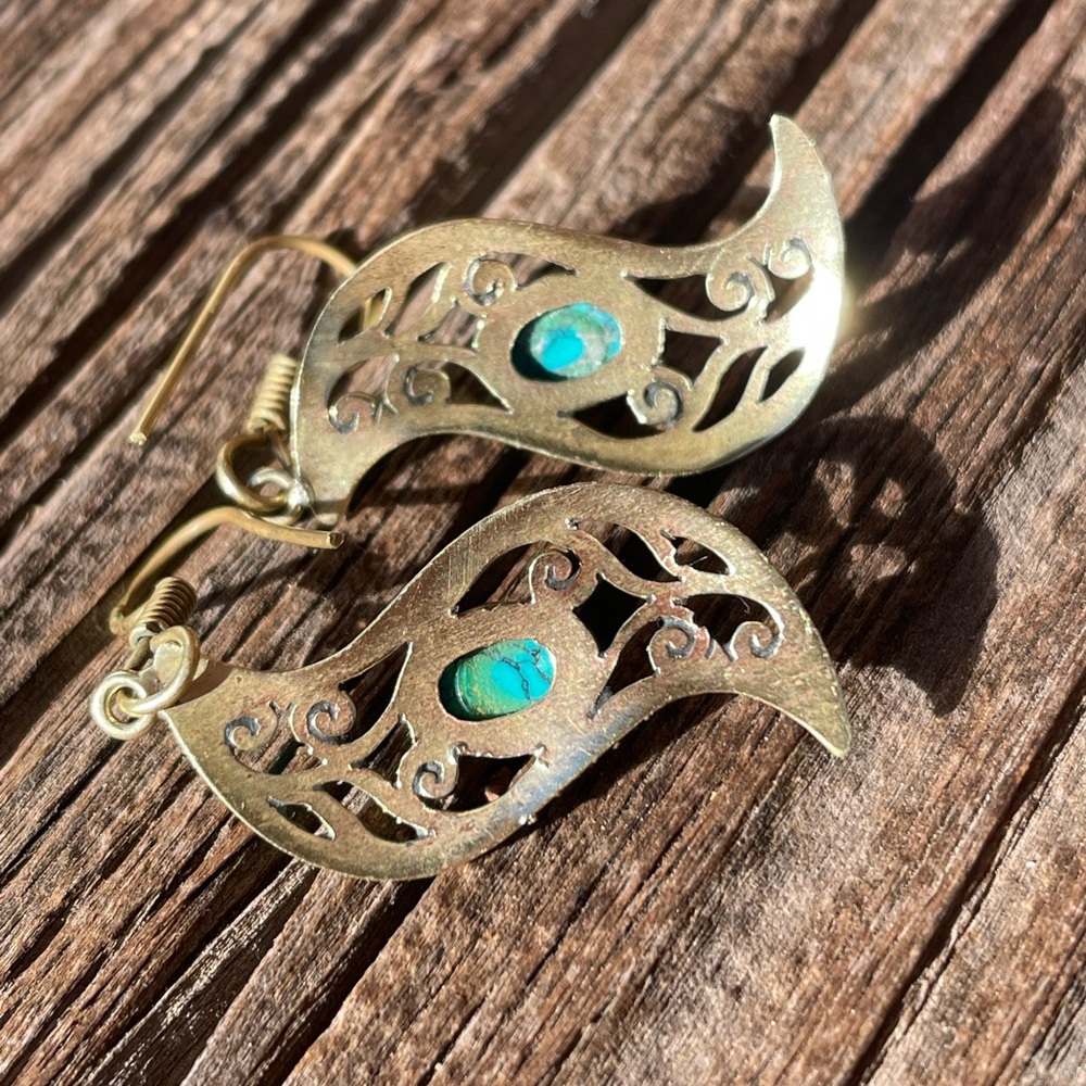 Vintage Boho Brass and Turquoise Earrings - Picture 13 of 15